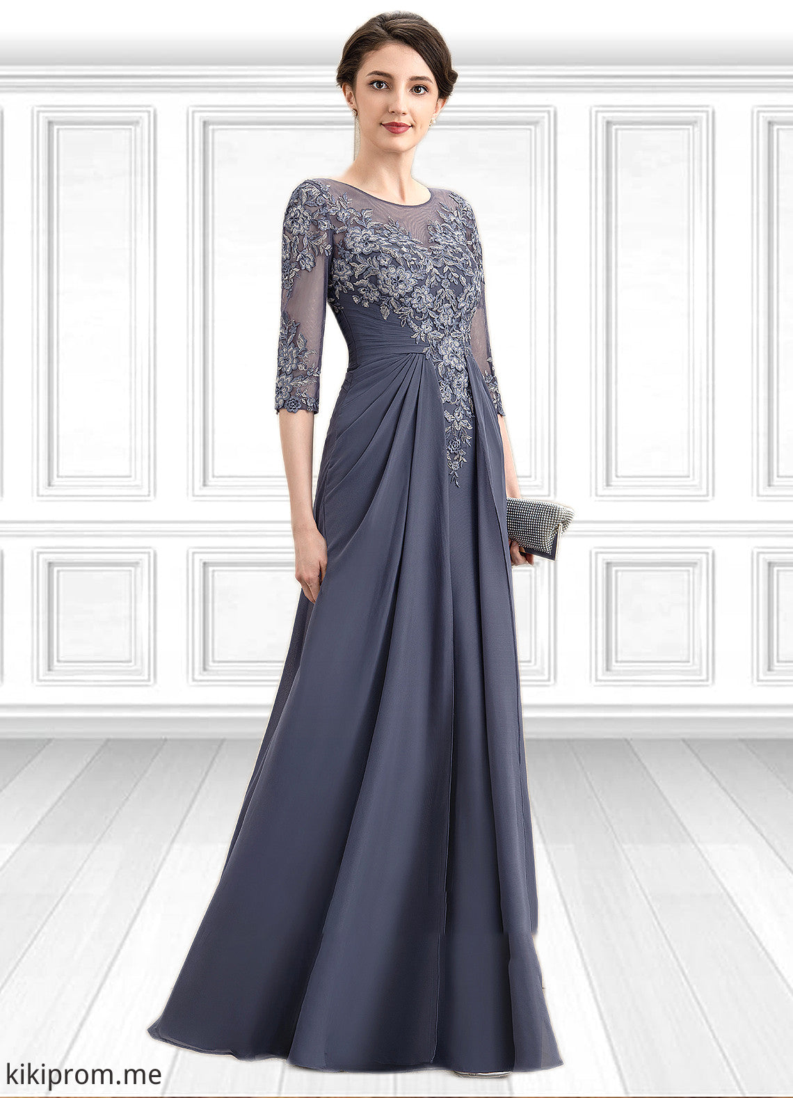 Victoria A-Line Scoop Neck Floor-Length Chiffon Lace Mother of the Bride Dress STF126P0014712