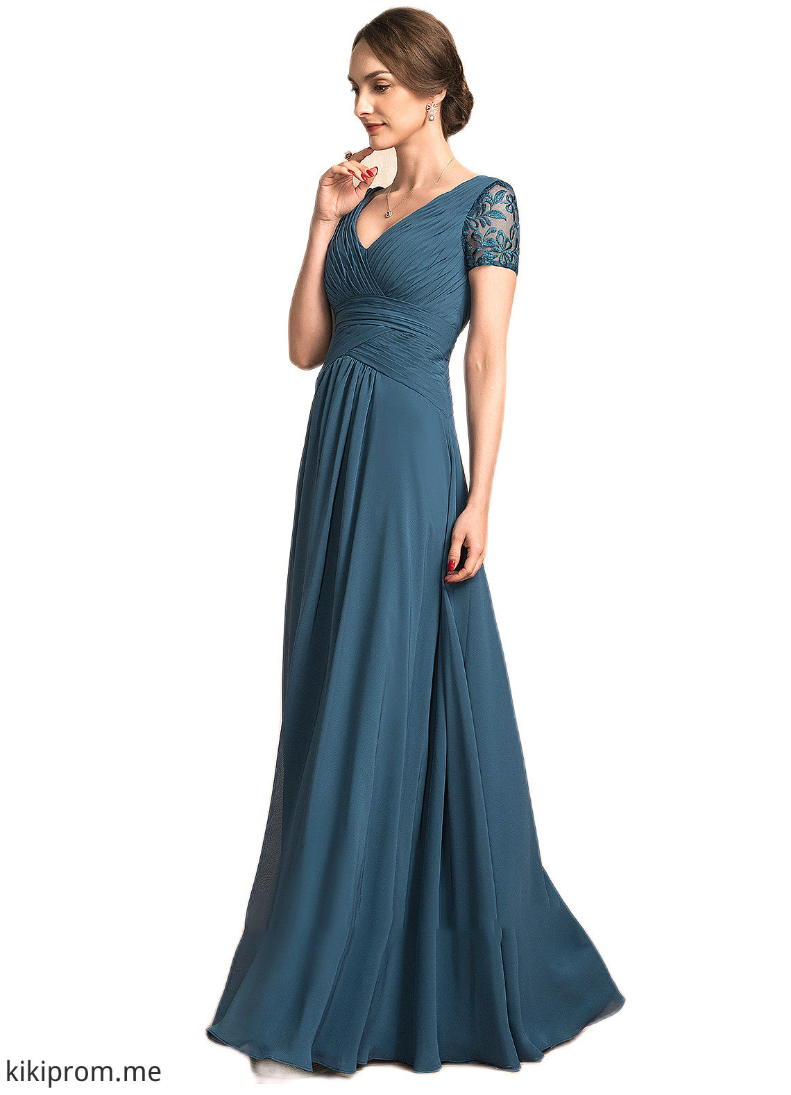 Evelyn A-Line V-neck Floor-Length Chiffon Mother of the Bride Dress With Lace STF126P0014713