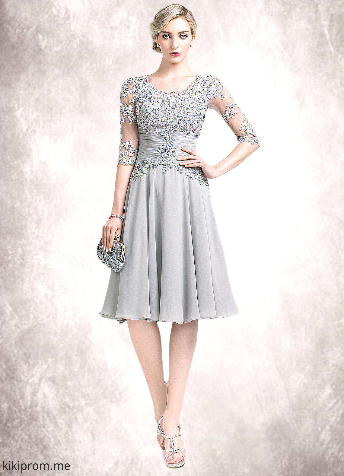 Jordyn A-Line Scoop Neck Knee-Length Chiffon Mother of the Bride Dress With Ruffle Appliques Lace STF126P0014715