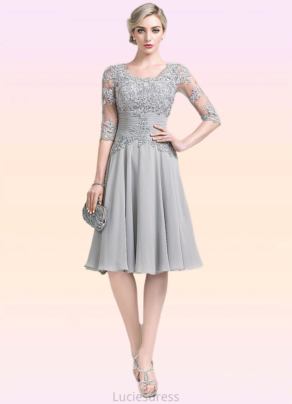 Sage A-Line Scoop Neck Knee-Length Chiffon Mother of the Bride Dress With Ruffle Appliques Lace HF126P0014715