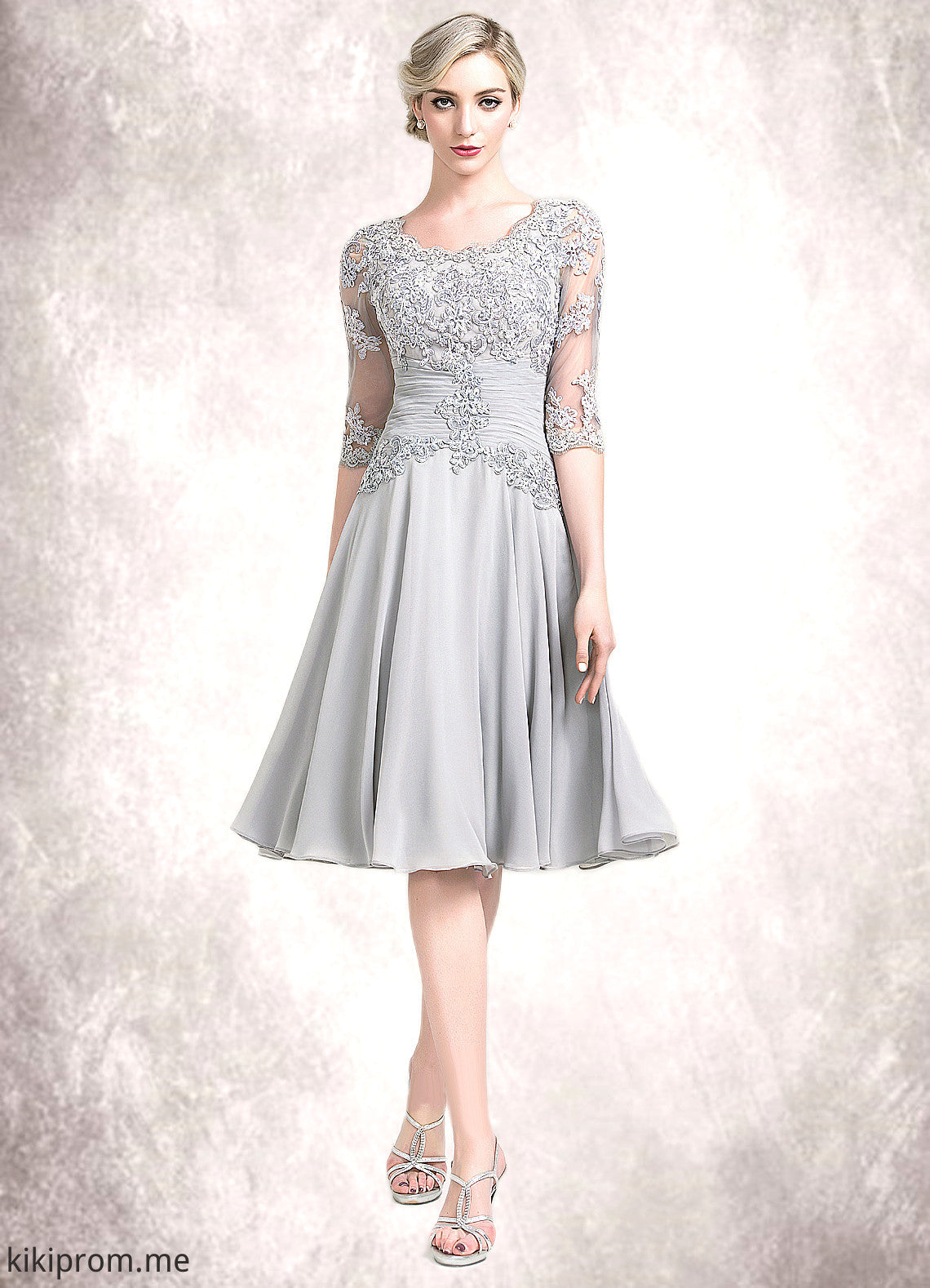 Jordyn A-Line Scoop Neck Knee-Length Chiffon Mother of the Bride Dress With Ruffle Appliques Lace STF126P0014715