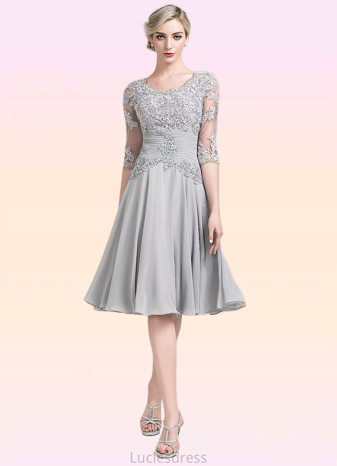 Sage A-Line Scoop Neck Knee-Length Chiffon Mother of the Bride Dress With Ruffle Appliques Lace HF126P0014715