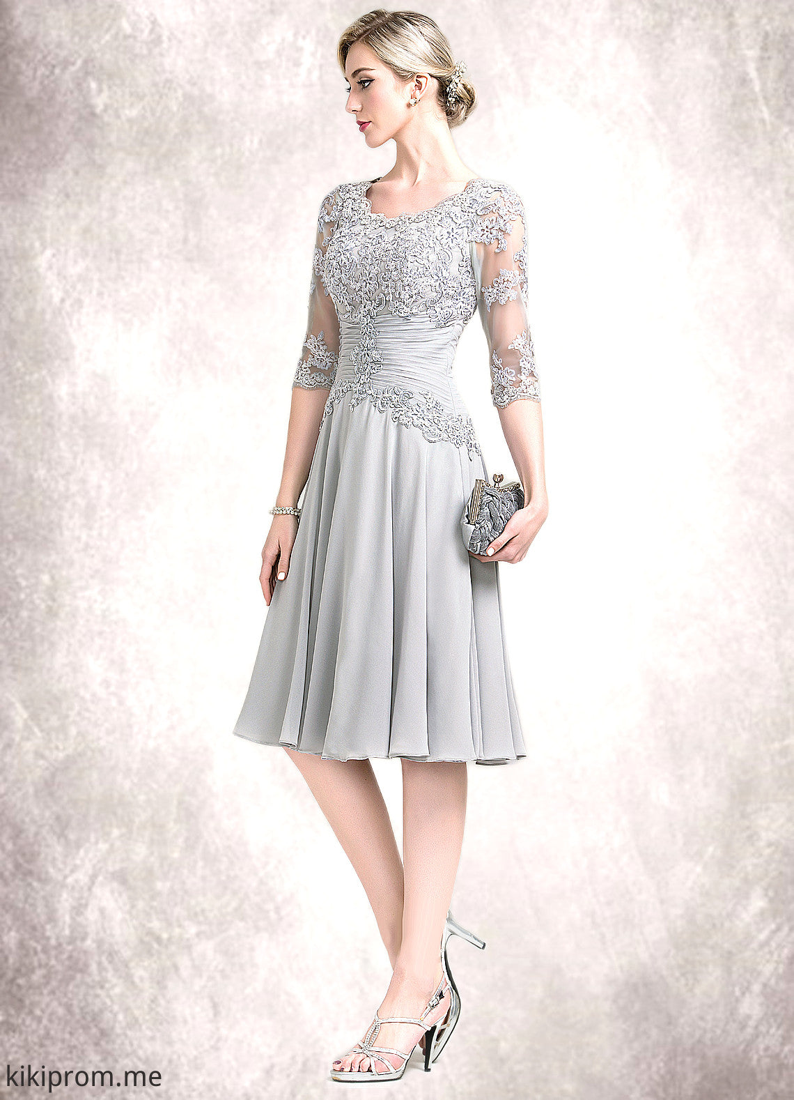 Jordyn A-Line Scoop Neck Knee-Length Chiffon Mother of the Bride Dress With Ruffle Appliques Lace STF126P0014715