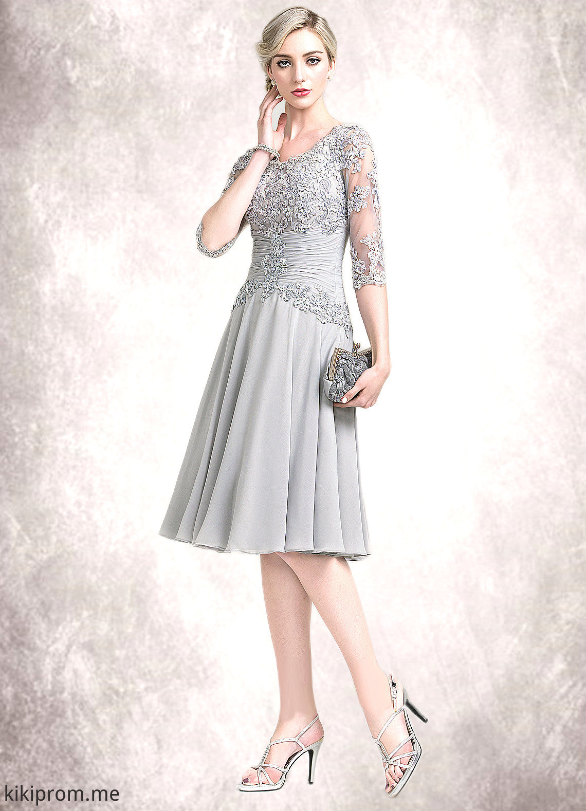 Jordyn A-Line Scoop Neck Knee-Length Chiffon Mother of the Bride Dress With Ruffle Appliques Lace STF126P0014715