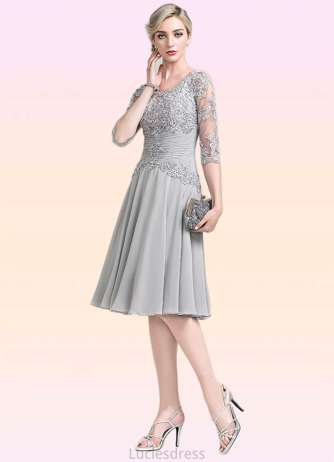 Sage A-Line Scoop Neck Knee-Length Chiffon Mother of the Bride Dress With Ruffle Appliques Lace HF126P0014715