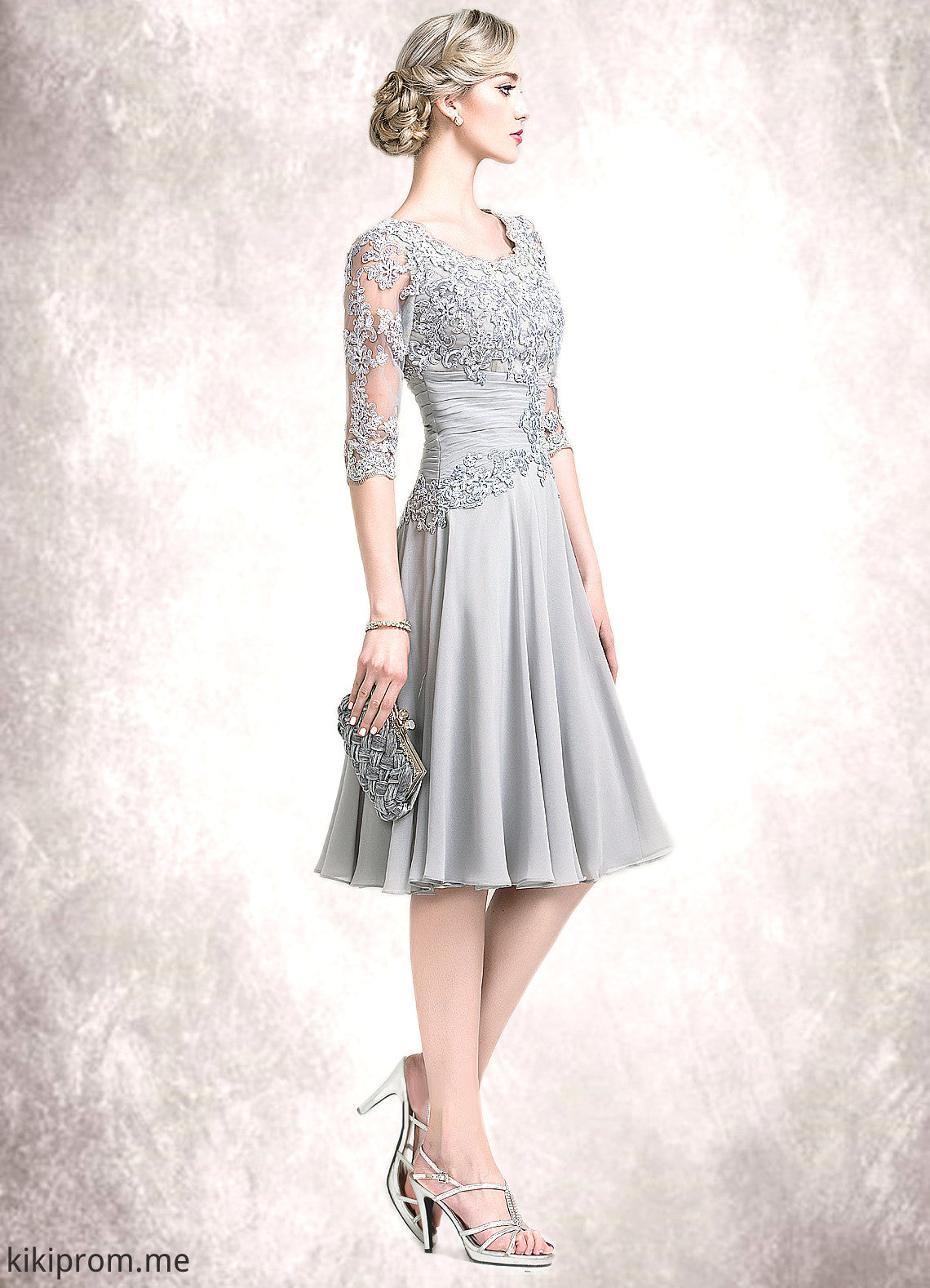 Jordyn A-Line Scoop Neck Knee-Length Chiffon Mother of the Bride Dress With Ruffle Appliques Lace STF126P0014715