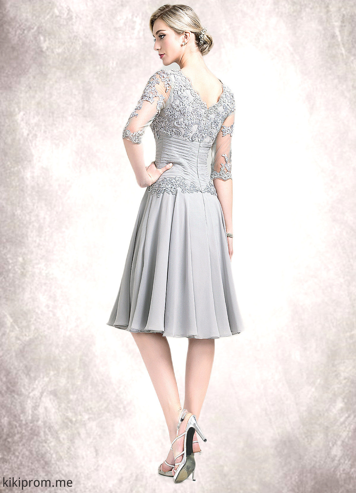 Jordyn A-Line Scoop Neck Knee-Length Chiffon Mother of the Bride Dress With Ruffle Appliques Lace STF126P0014715