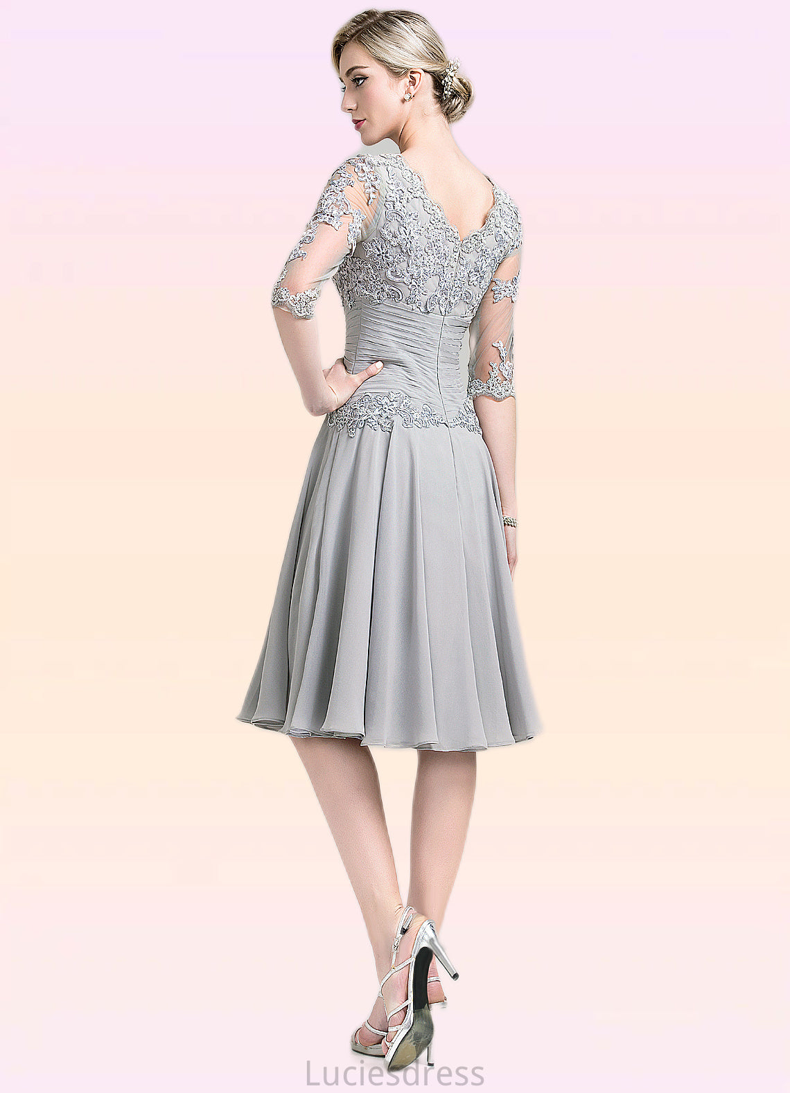 Sage A-Line Scoop Neck Knee-Length Chiffon Mother of the Bride Dress With Ruffle Appliques Lace HF126P0014715