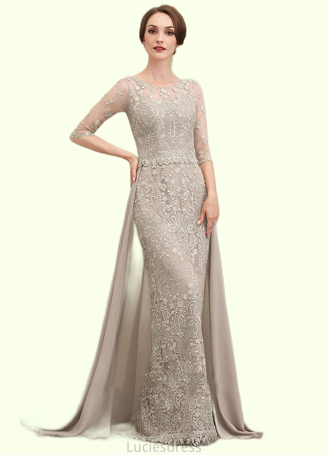 Amirah Sheath/Column Scoop Neck Sweep Train Chiffon Lace Mother of the Bride Dress HF126P0014716