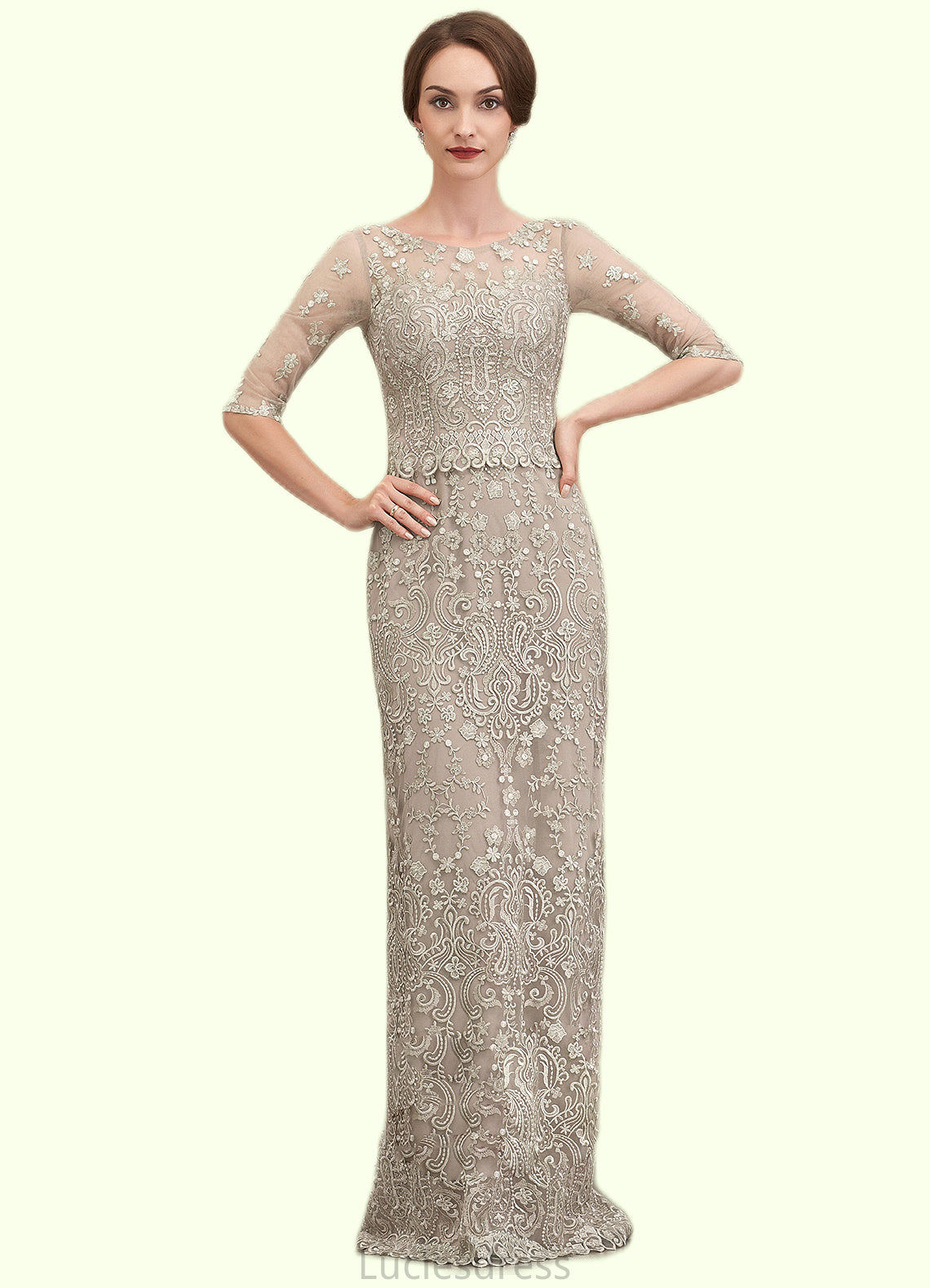 Amirah Sheath/Column Scoop Neck Sweep Train Chiffon Lace Mother of the Bride Dress HF126P0014716