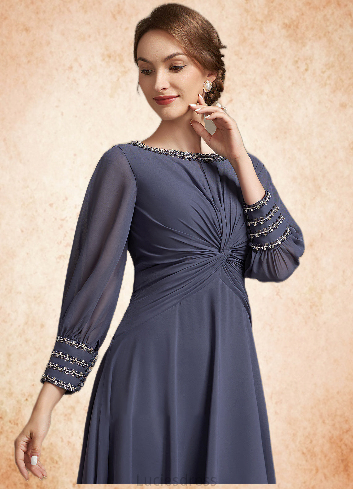 Jadyn A-Line Scoop Neck Tea-Length Chiffon Mother of the Bride Dress With Ruffle Beading HF126P0014718