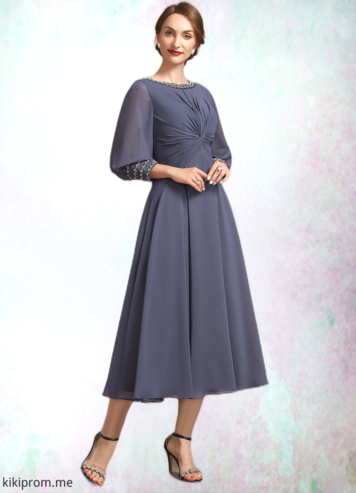 Josephine A-Line Scoop Neck Tea-Length Chiffon Mother of the Bride Dress With Ruffle Beading STF126P0014718