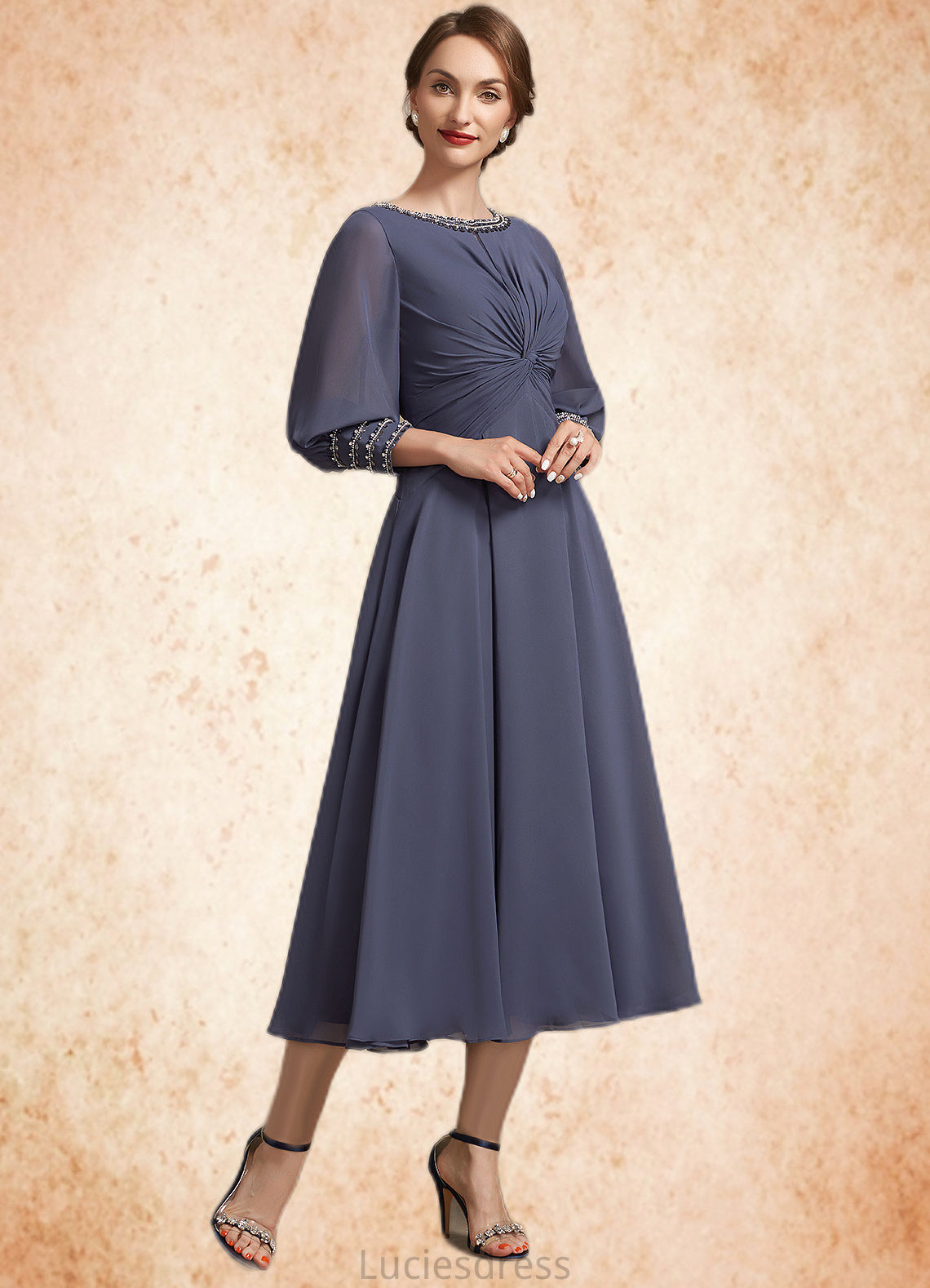 Jadyn A-Line Scoop Neck Tea-Length Chiffon Mother of the Bride Dress With Ruffle Beading HF126P0014718