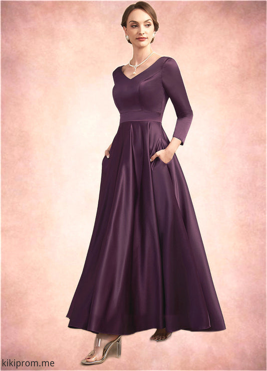 Audrey A-Line V-neck Ankle-Length Satin Mother of the Bride Dress With Pockets STF126P0014720