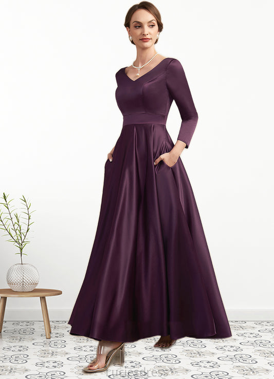 Logan A-Line V-neck Ankle-Length Satin Mother of the Bride Dress With Pockets HF126P0014720