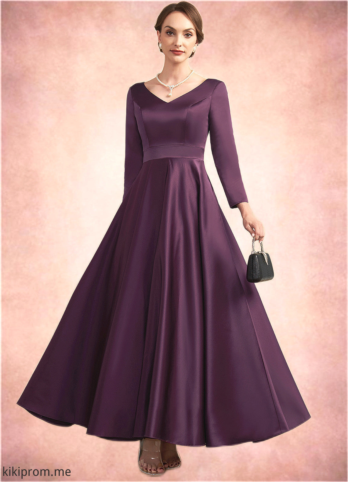 Audrey A-Line V-neck Ankle-Length Satin Mother of the Bride Dress With Pockets STF126P0014720