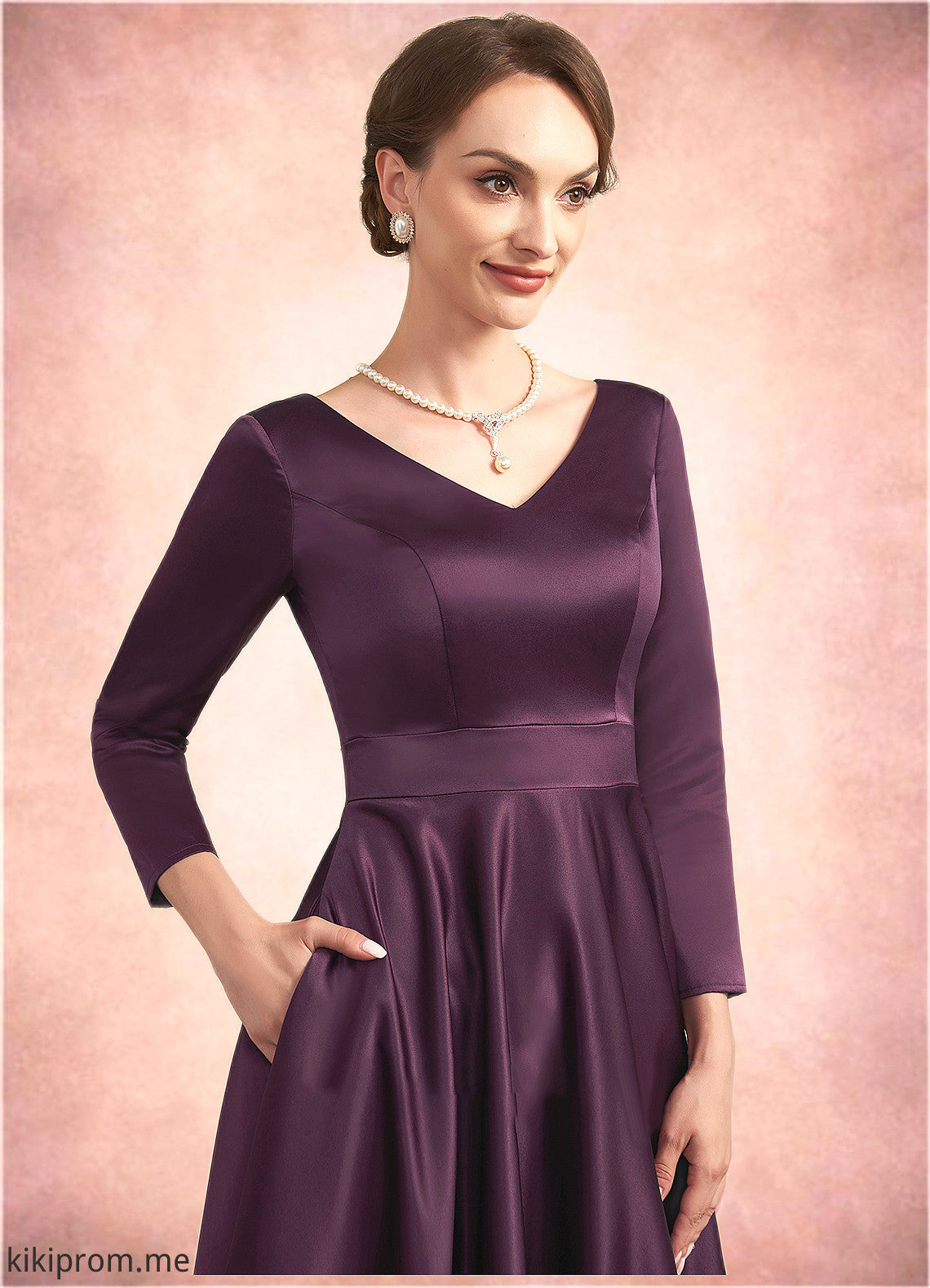 Audrey A-Line V-neck Ankle-Length Satin Mother of the Bride Dress With Pockets STF126P0014720