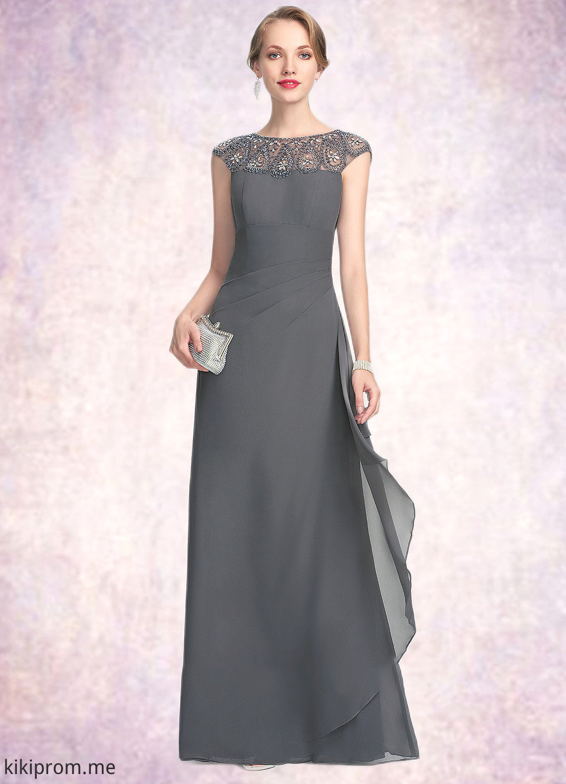 Selena A-Line Scoop Neck Floor-Length Chiffon Mother of the Bride Dress With Beading Sequins Cascading Ruffles STF126P0014721