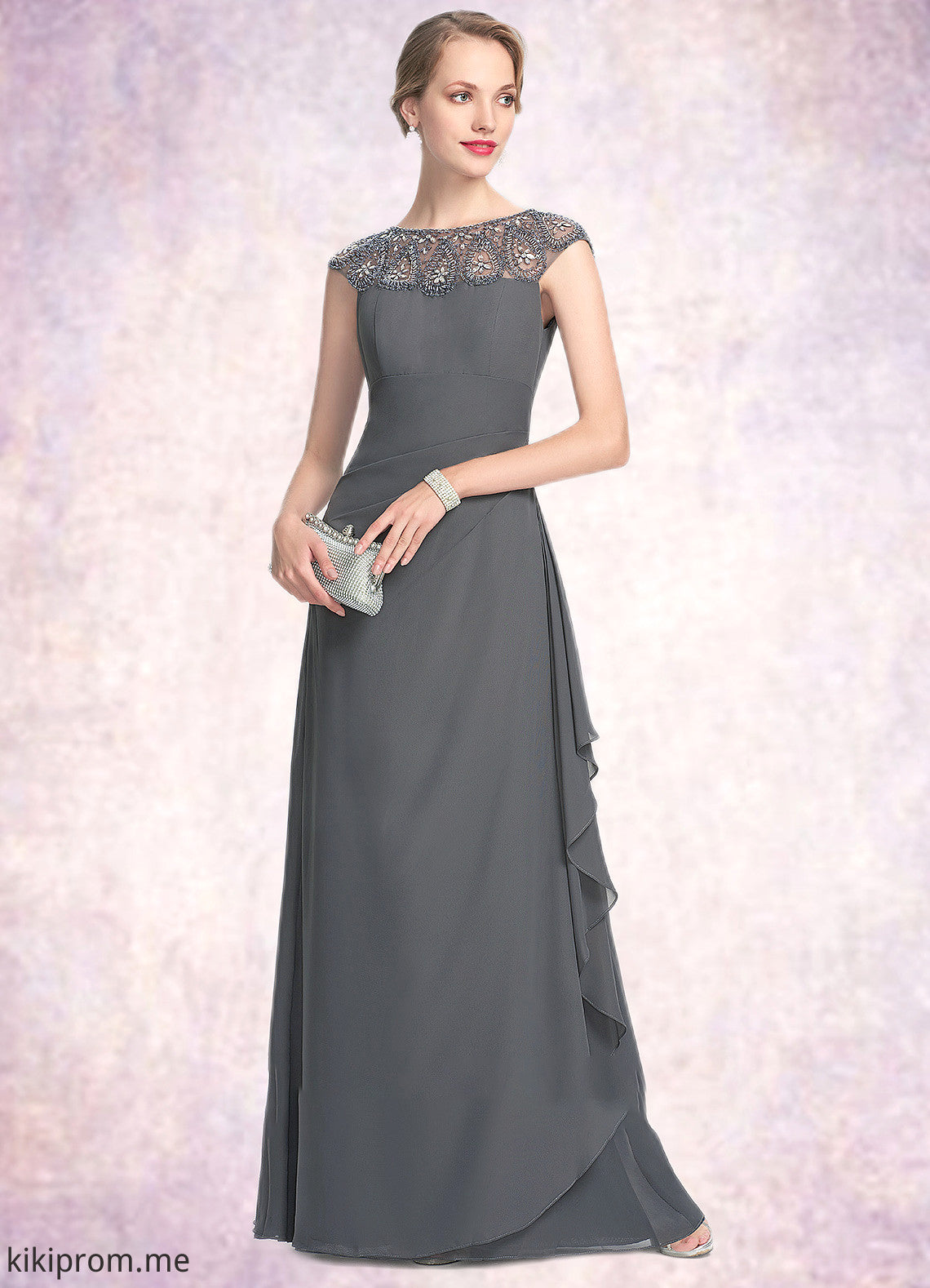 Selena A-Line Scoop Neck Floor-Length Chiffon Mother of the Bride Dress With Beading Sequins Cascading Ruffles STF126P0014721