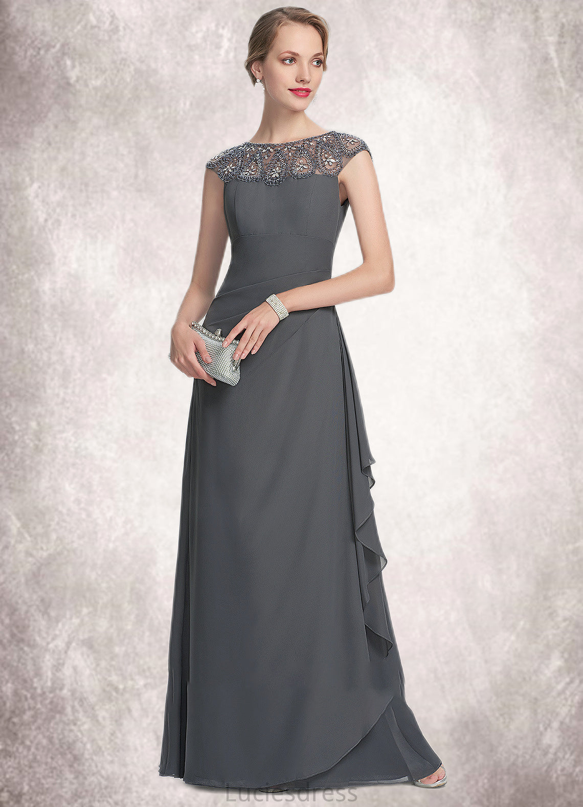 Quinn A-Line Scoop Neck Floor-Length Chiffon Mother of the Bride Dress With Beading Sequins Cascading Ruffles HF126P0014721