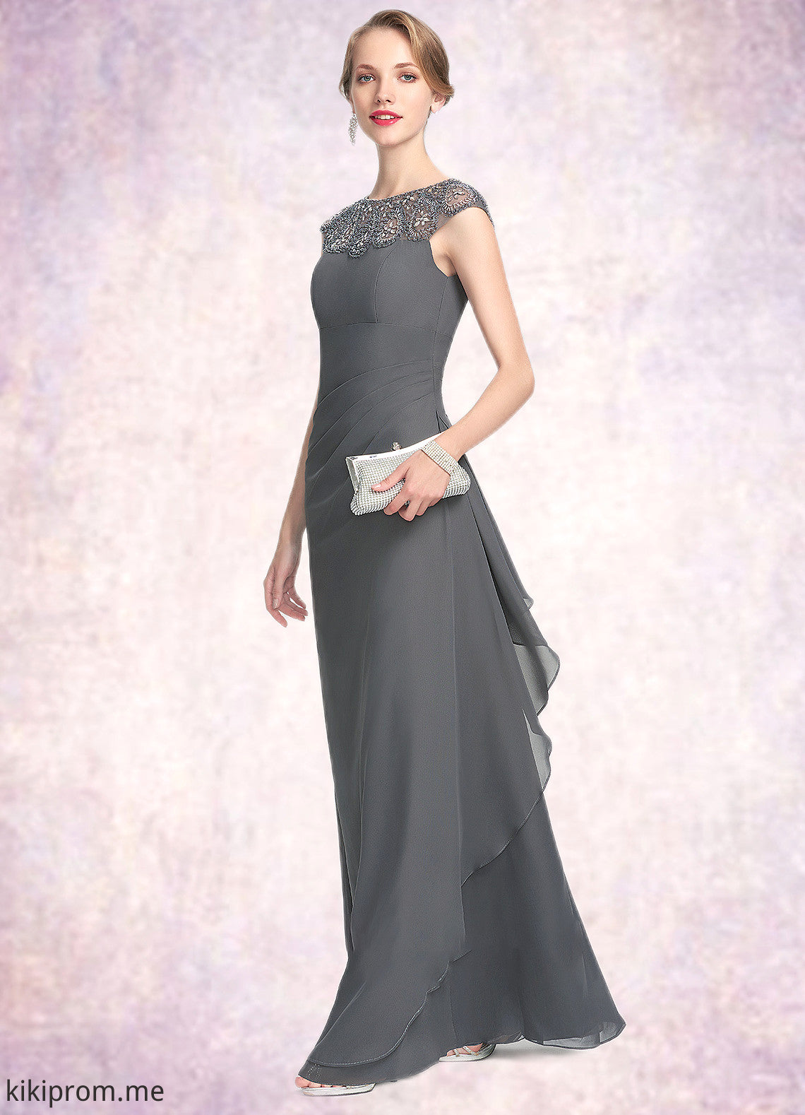 Selena A-Line Scoop Neck Floor-Length Chiffon Mother of the Bride Dress With Beading Sequins Cascading Ruffles STF126P0014721