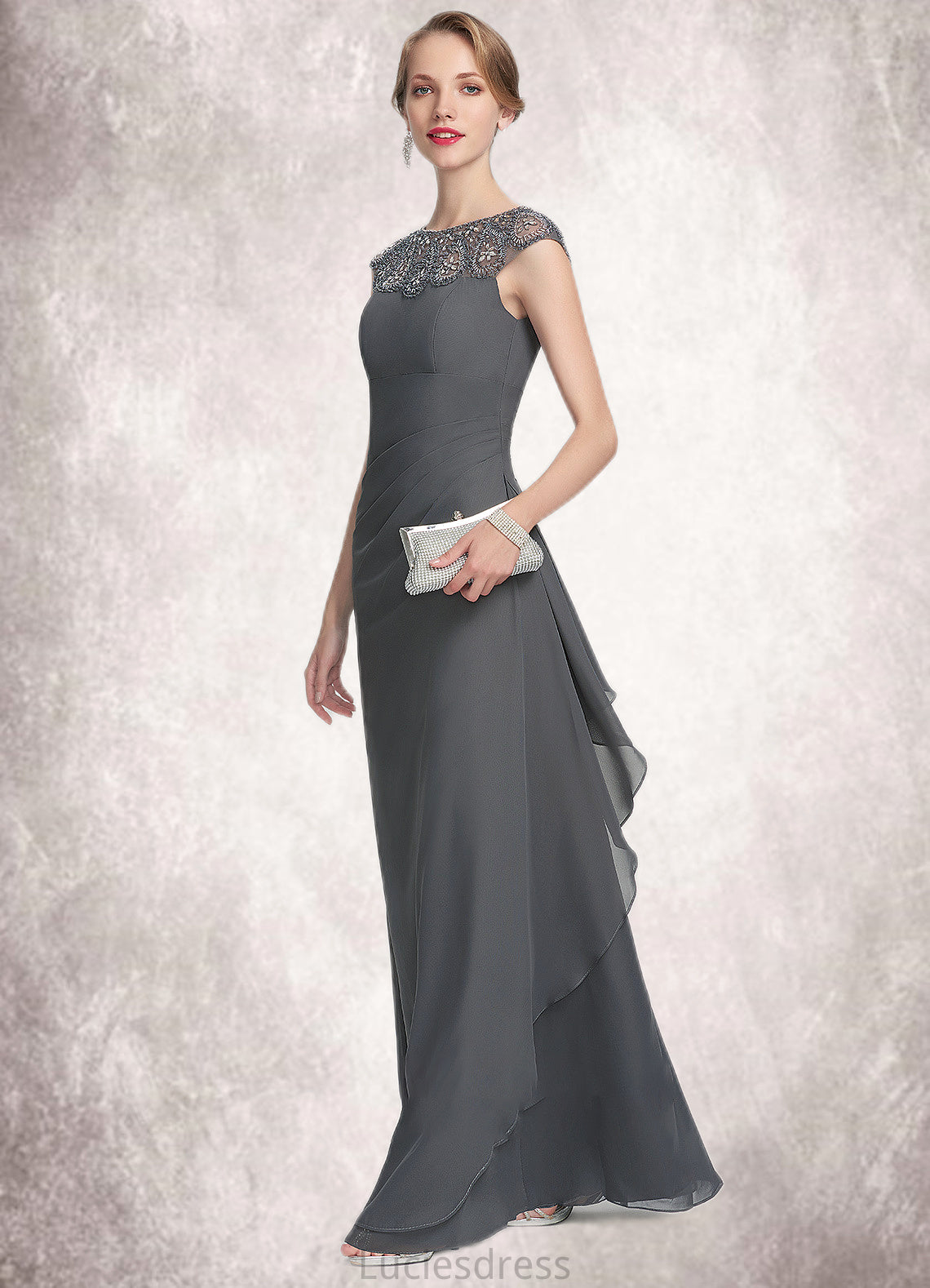 Quinn A-Line Scoop Neck Floor-Length Chiffon Mother of the Bride Dress With Beading Sequins Cascading Ruffles HF126P0014721