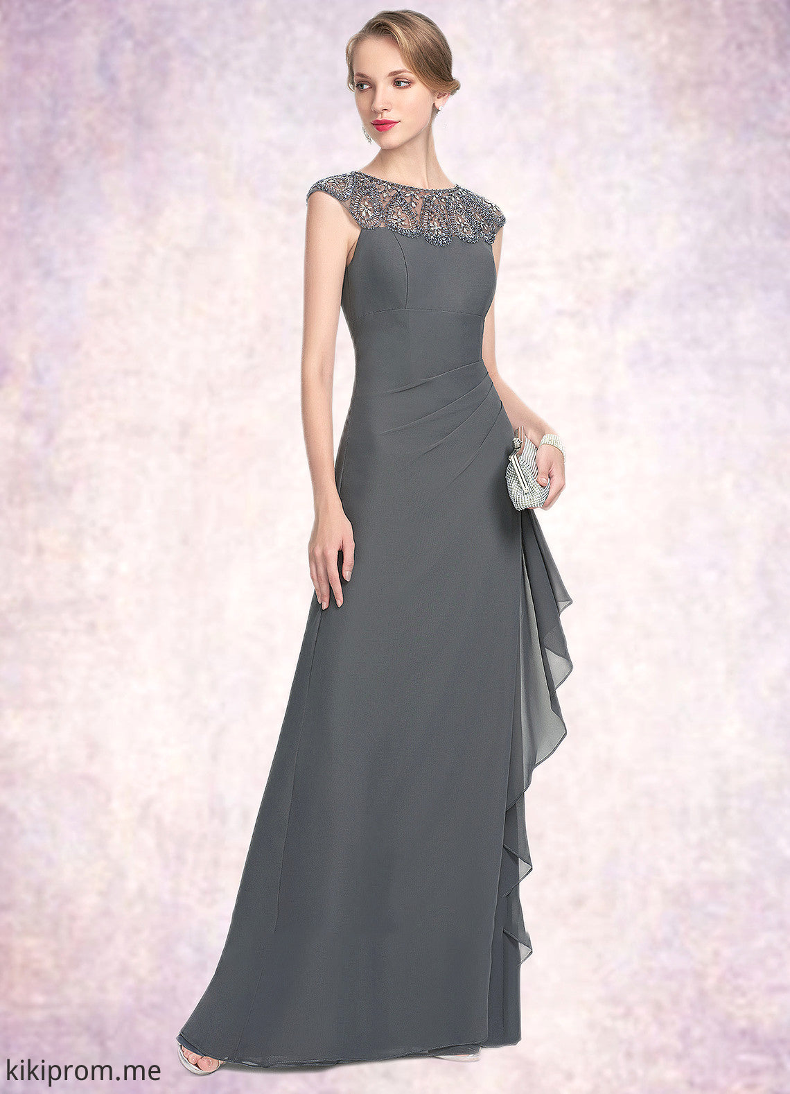 Selena A-Line Scoop Neck Floor-Length Chiffon Mother of the Bride Dress With Beading Sequins Cascading Ruffles STF126P0014721