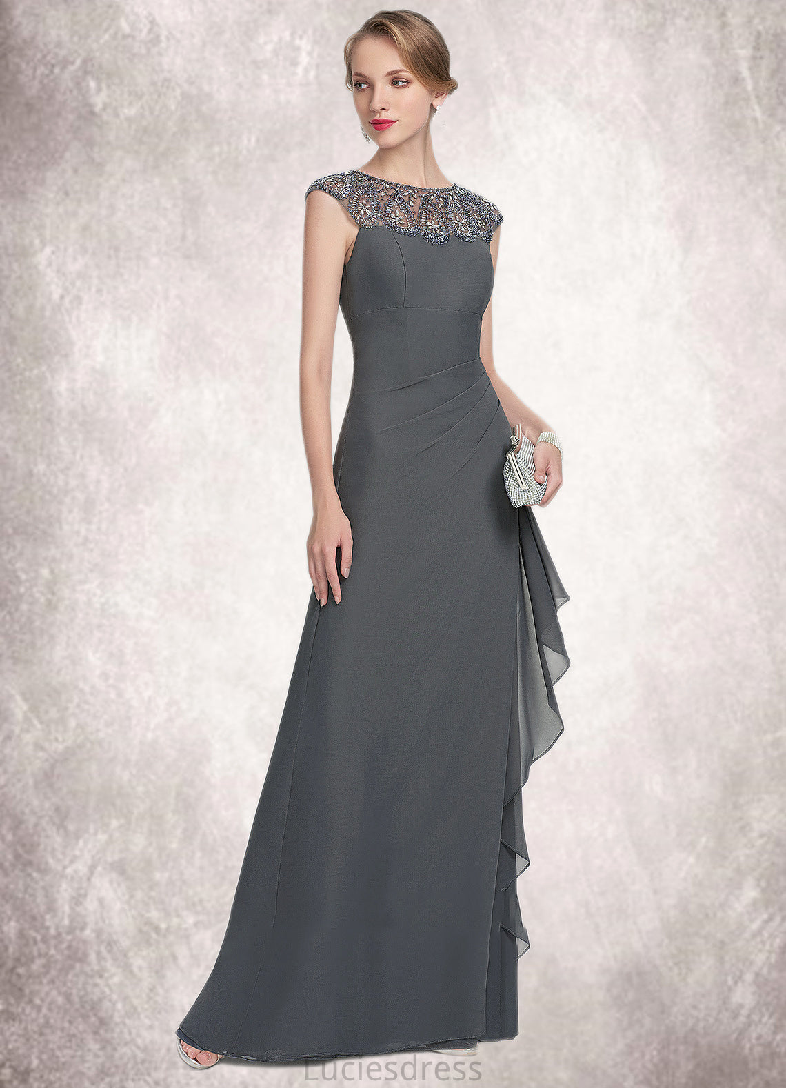 Quinn A-Line Scoop Neck Floor-Length Chiffon Mother of the Bride Dress With Beading Sequins Cascading Ruffles HF126P0014721