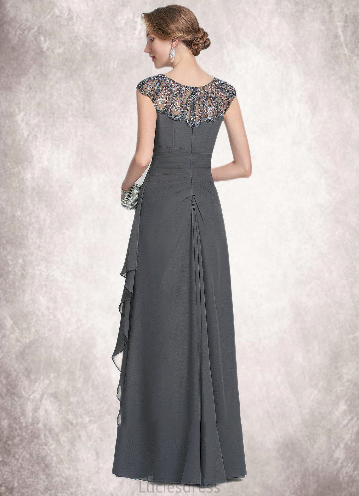 Quinn A-Line Scoop Neck Floor-Length Chiffon Mother of the Bride Dress With Beading Sequins Cascading Ruffles HF126P0014721