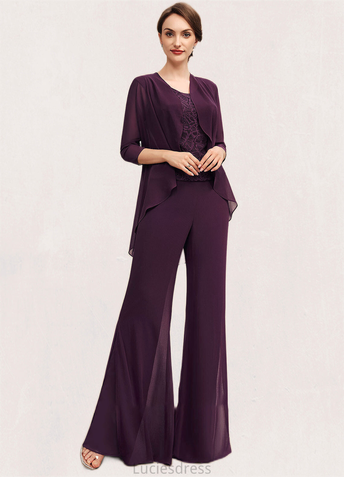 Marlee Jumpsuit/Pantsuit Scoop Neck Floor-Length Chiffon Lace Mother of the Bride Dress HF126P0014722