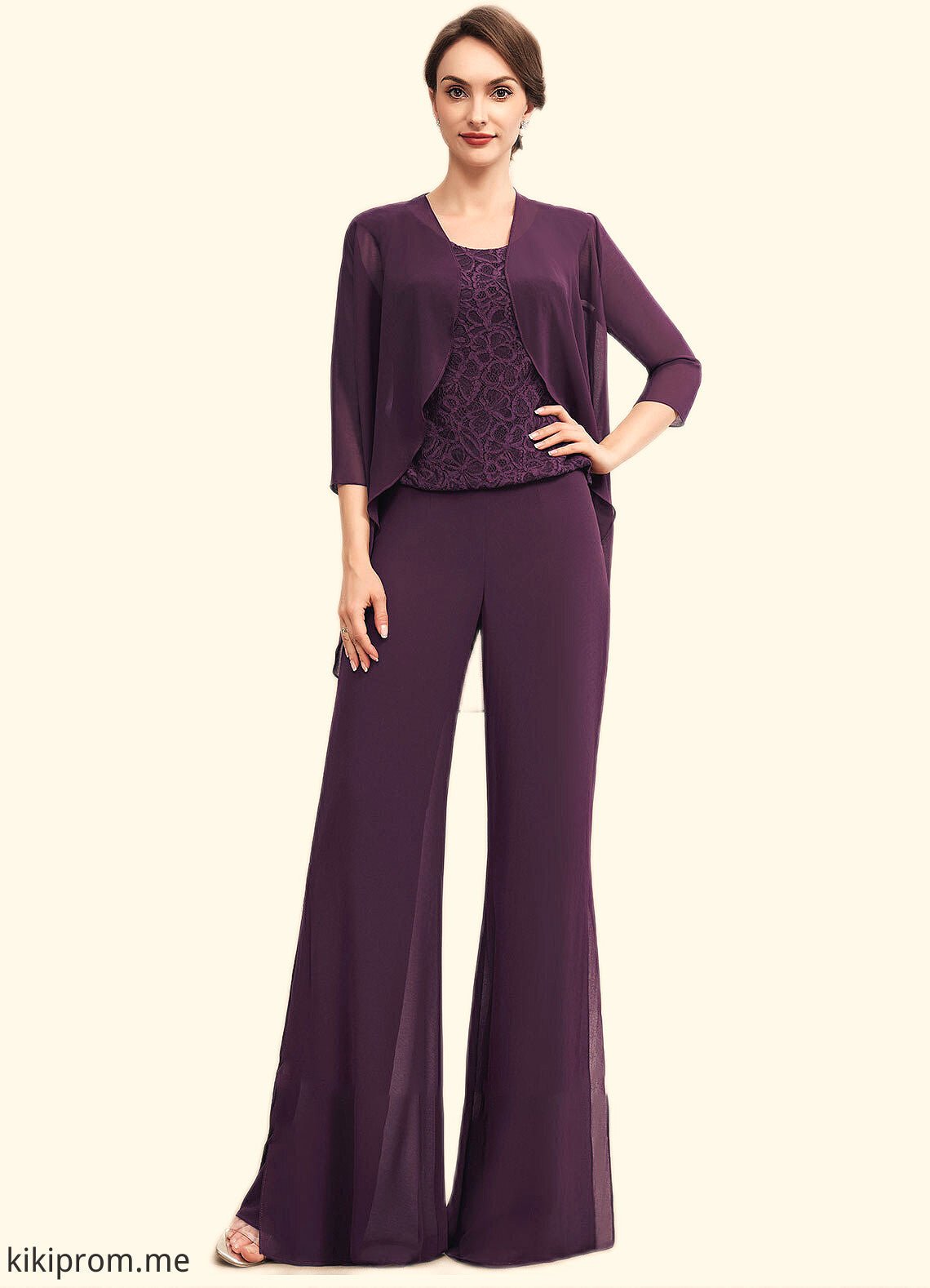 Marley Jumpsuit/Pantsuit Scoop Neck Floor-Length Chiffon Lace Mother of the Bride Dress STF126P0014722