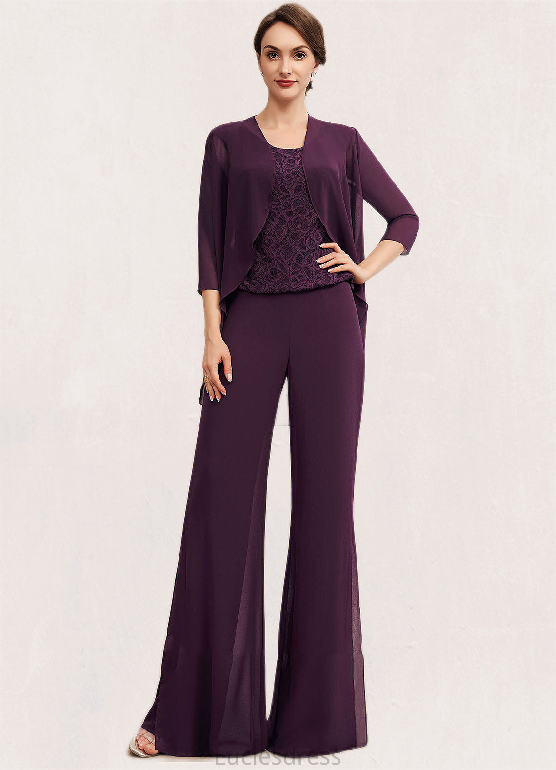 Marlee Jumpsuit/Pantsuit Scoop Neck Floor-Length Chiffon Lace Mother of the Bride Dress HF126P0014722