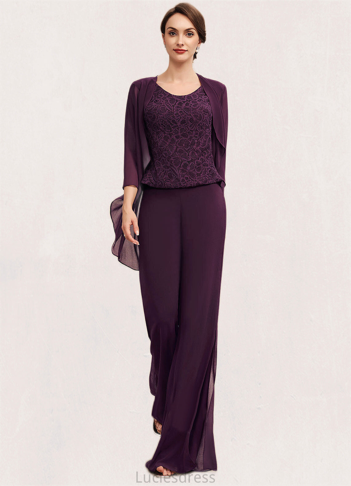 Marlee Jumpsuit/Pantsuit Scoop Neck Floor-Length Chiffon Lace Mother of the Bride Dress HF126P0014722