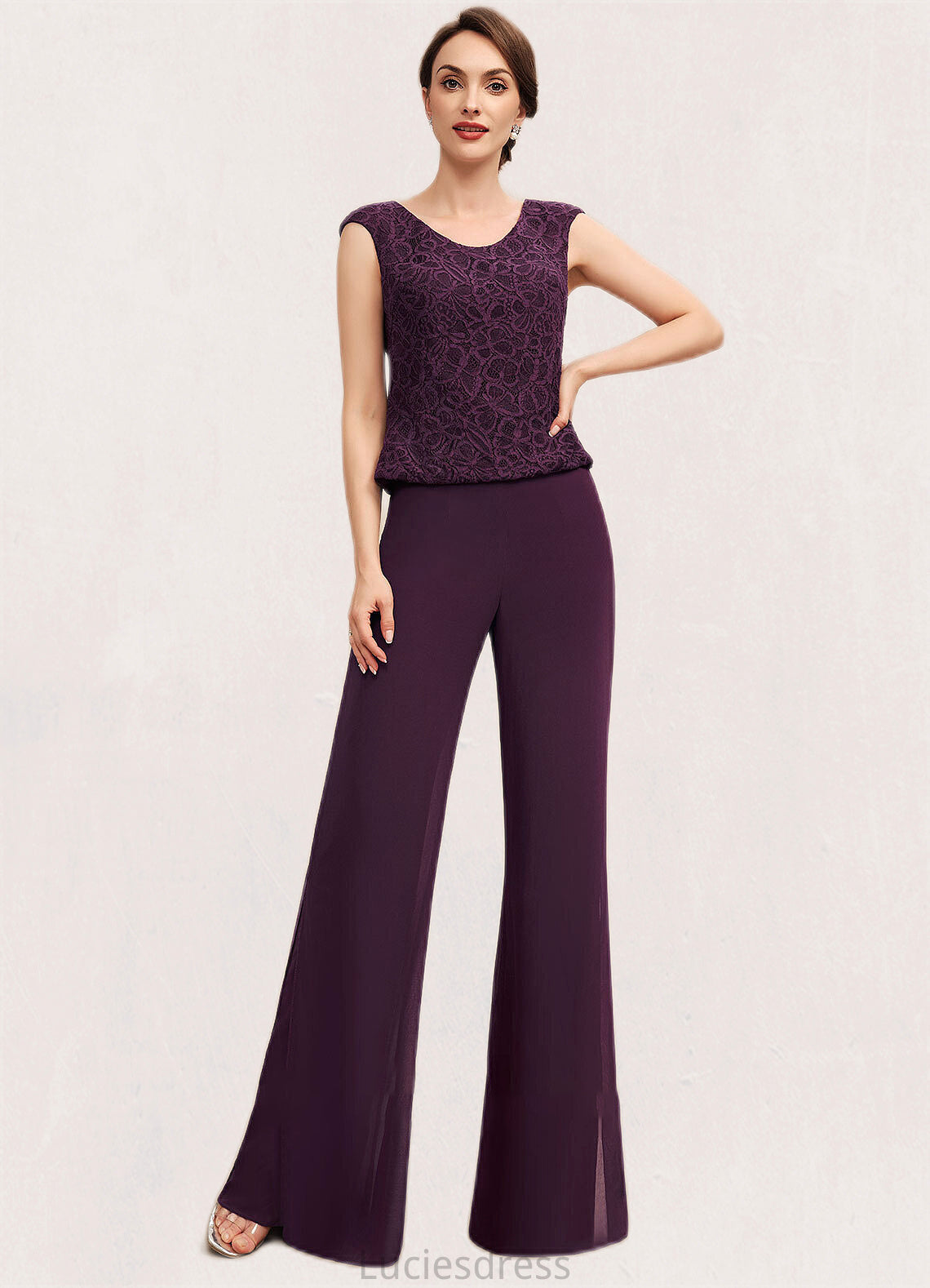 Marlee Jumpsuit/Pantsuit Scoop Neck Floor-Length Chiffon Lace Mother of the Bride Dress HF126P0014722