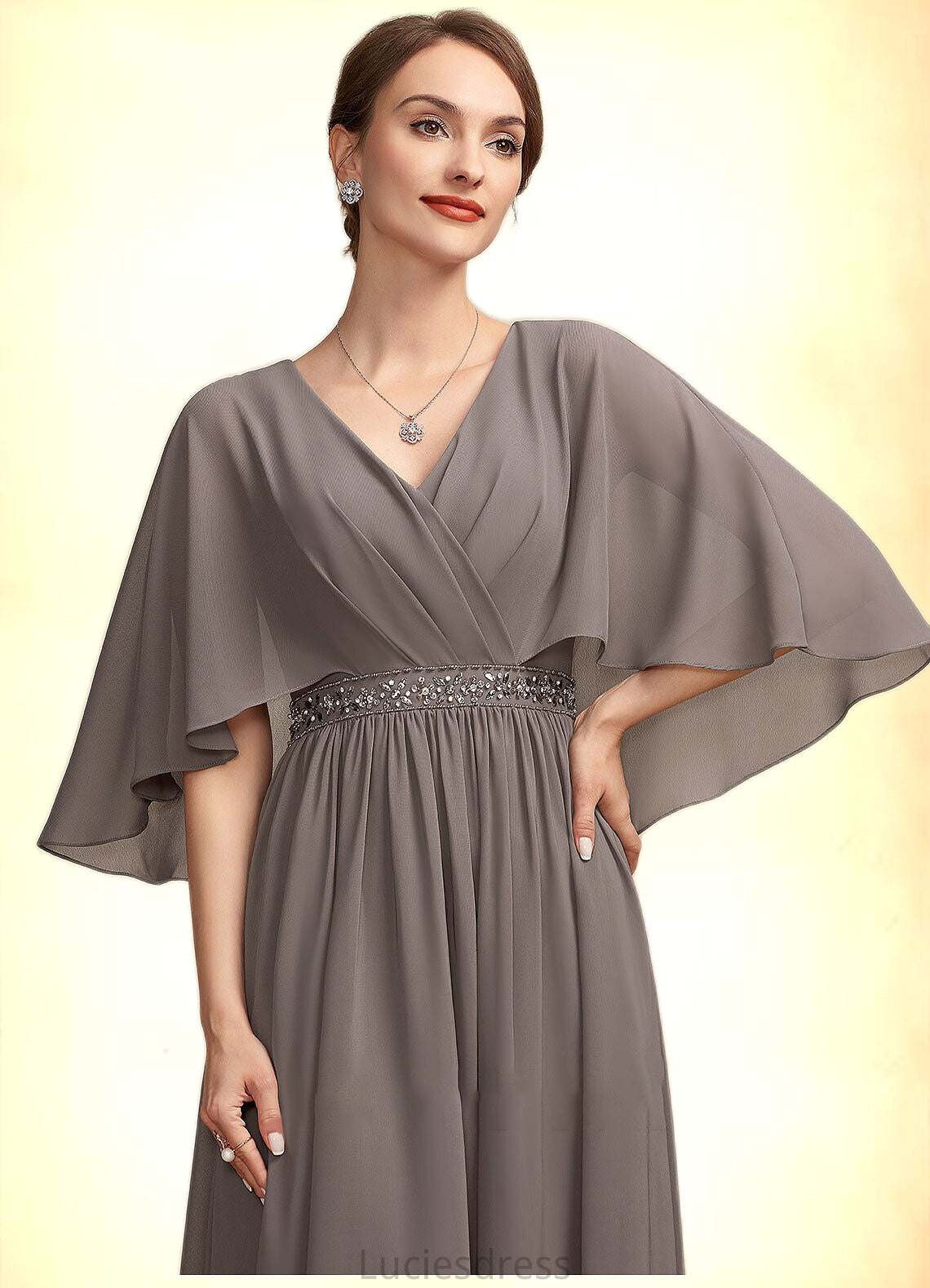 Belinda A-Line V-neck Ankle-Length Chiffon Mother of the Bride Dress With Ruffle Beading HF126P0014723