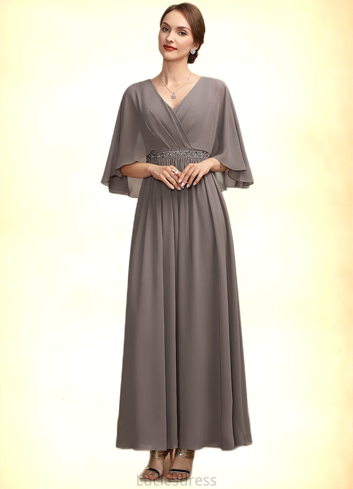 Belinda A-Line V-neck Ankle-Length Chiffon Mother of the Bride Dress With Ruffle Beading HF126P0014723