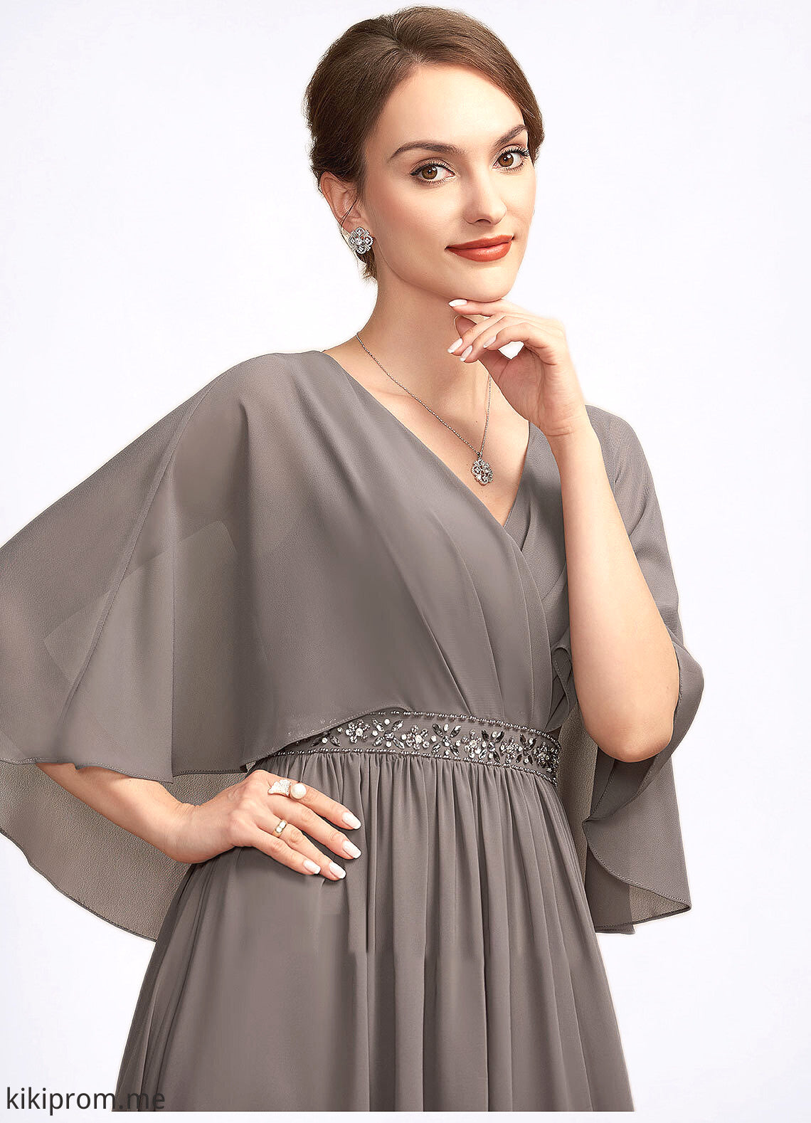 Maya A-Line V-neck Ankle-Length Chiffon Mother of the Bride Dress With Ruffle Beading STF126P0014723