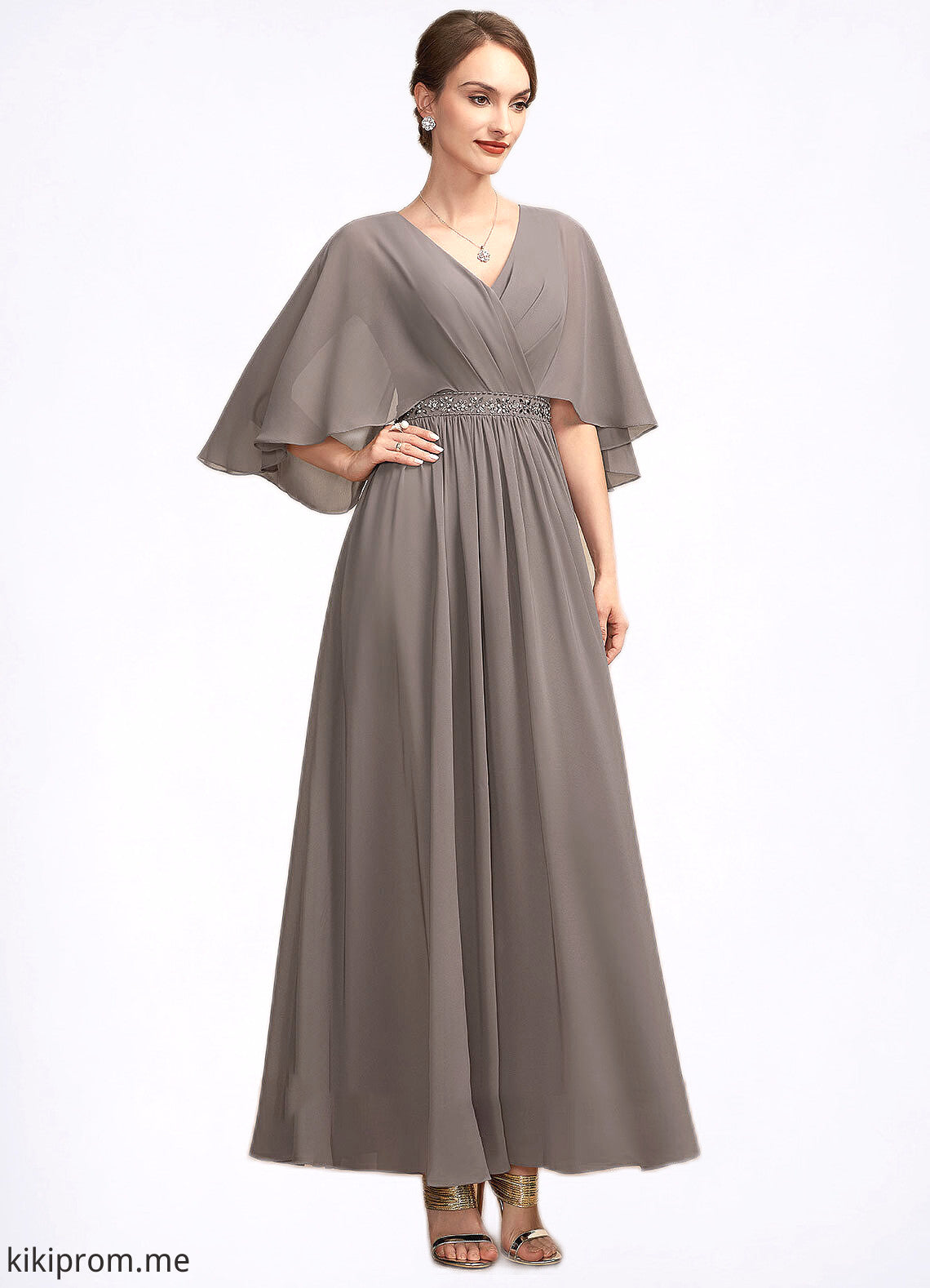 Maya A-Line V-neck Ankle-Length Chiffon Mother of the Bride Dress With Ruffle Beading STF126P0014723