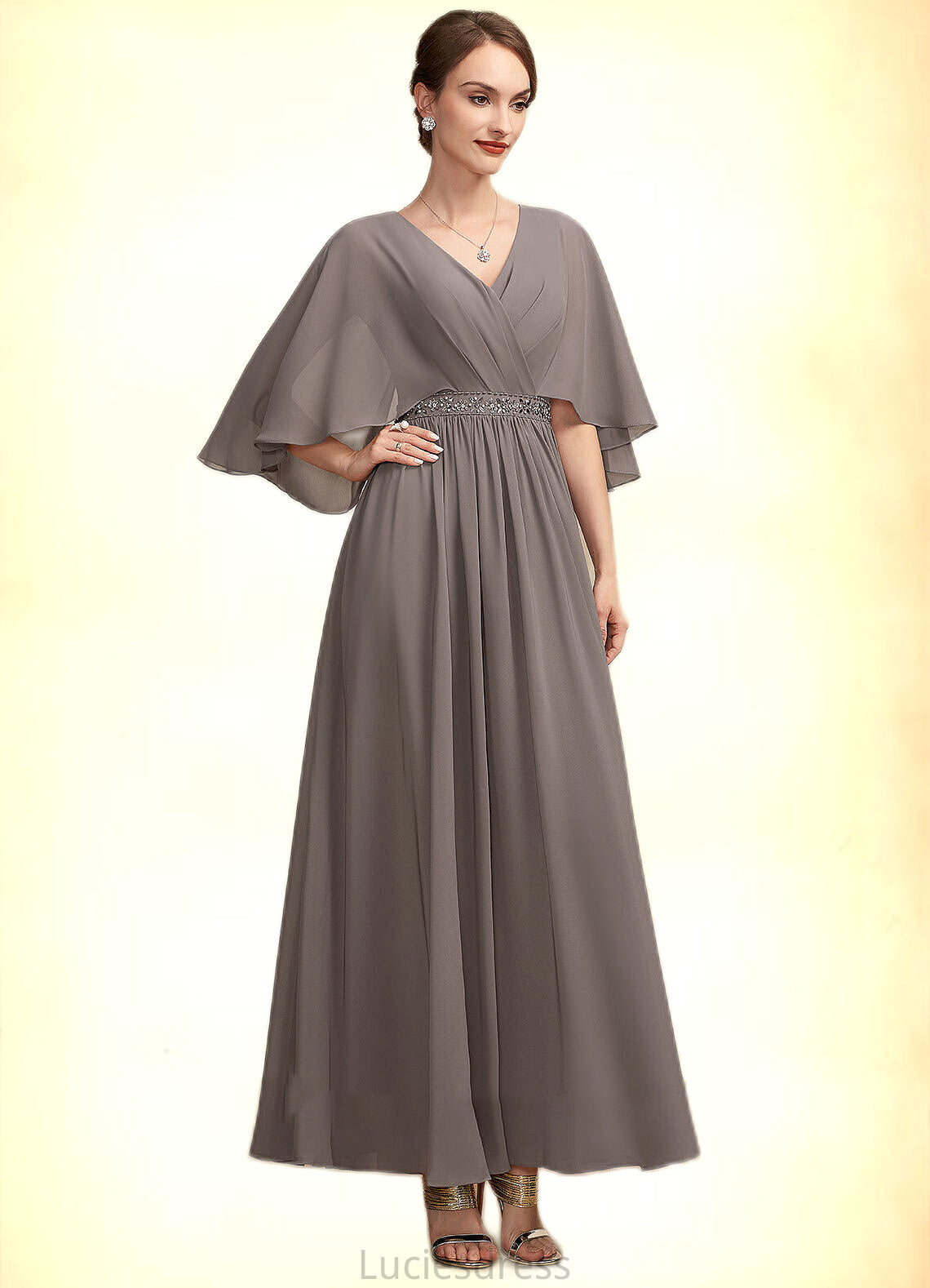 Belinda A-Line V-neck Ankle-Length Chiffon Mother of the Bride Dress With Ruffle Beading HF126P0014723