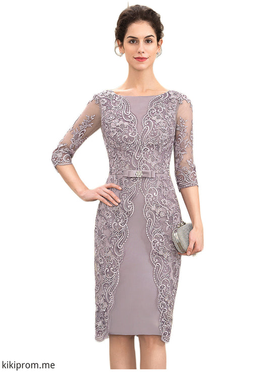 Paris Sheath/Column Scoop Neck Knee-Length Satin Lace Mother of the Bride Dress With Beading Bow(s) STF126P0014727