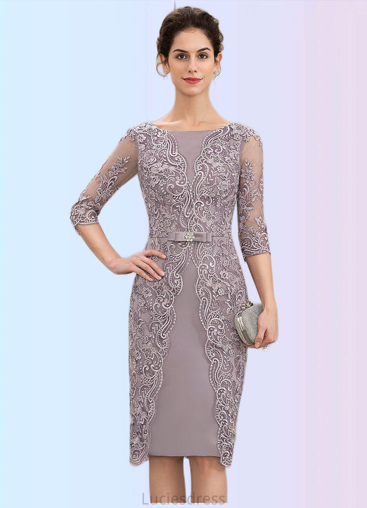 Destiny Sheath/Column Scoop Neck Knee-Length Satin Lace Mother of the Bride Dress With Beading Bow(s) HF126P0014727