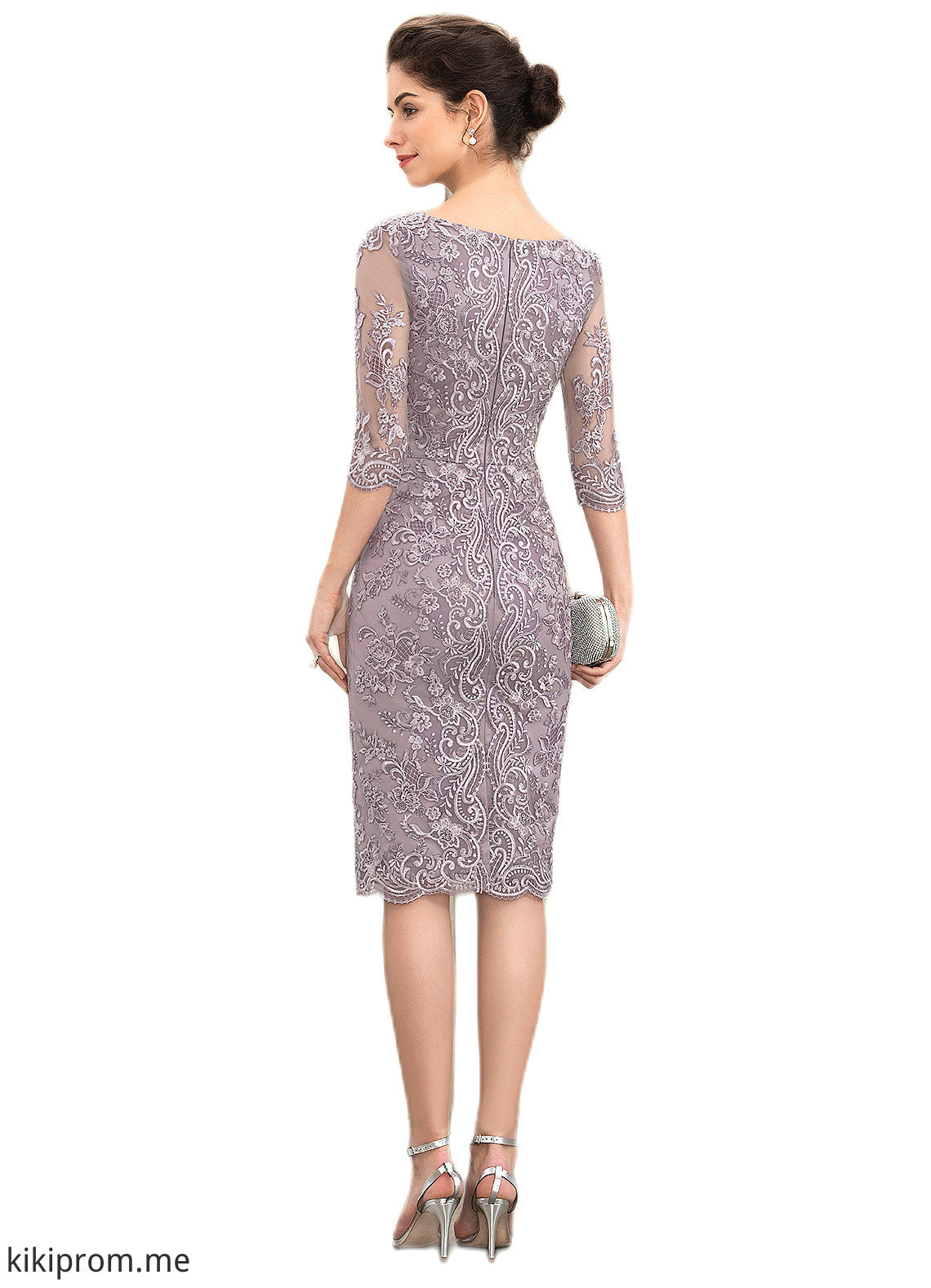 Paris Sheath/Column Scoop Neck Knee-Length Satin Lace Mother of the Bride Dress With Beading Bow(s) STF126P0014727