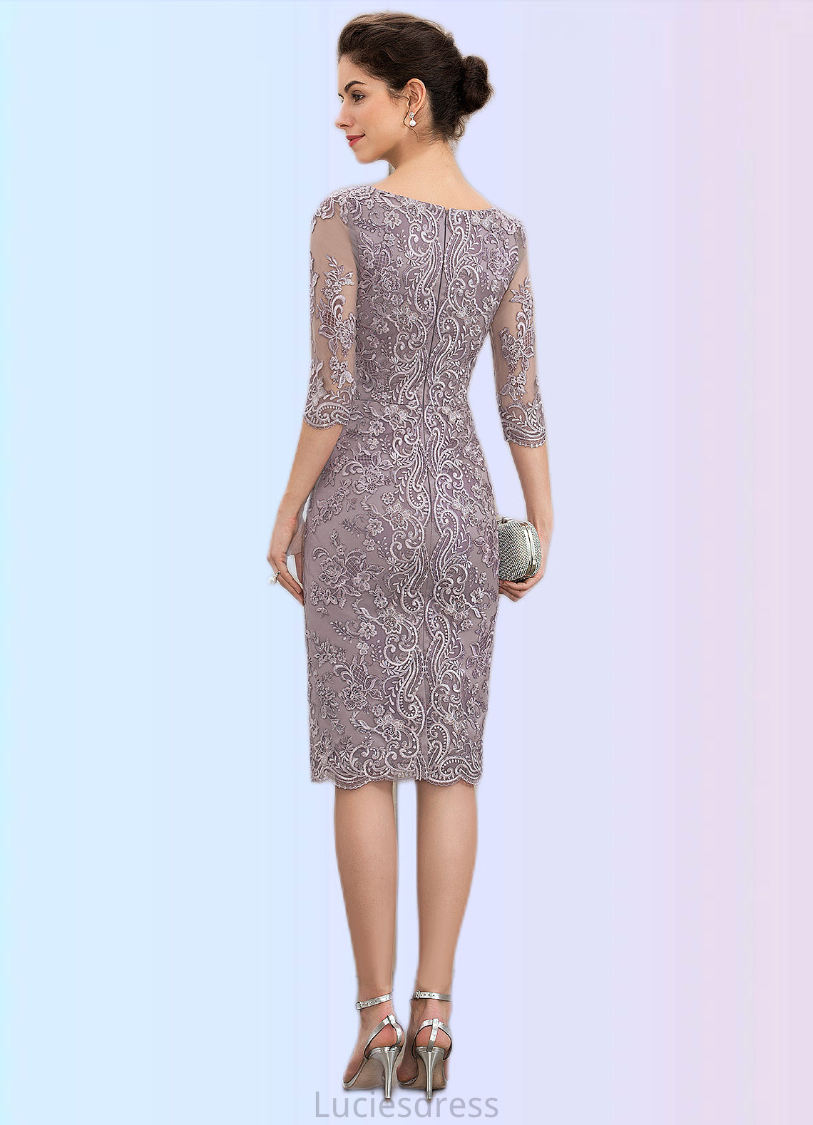 Destiny Sheath/Column Scoop Neck Knee-Length Satin Lace Mother of the Bride Dress With Beading Bow(s) HF126P0014727