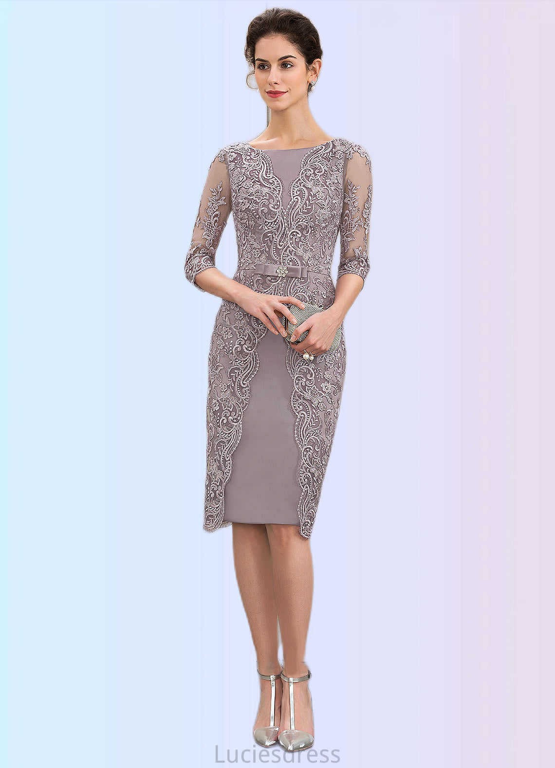 Destiny Sheath/Column Scoop Neck Knee-Length Satin Lace Mother of the Bride Dress With Beading Bow(s) HF126P0014727