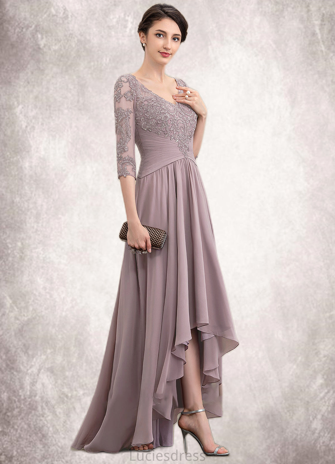 Kelsey A-Line V-neck Asymmetrical Chiffon Lace Mother of the Bride Dress With Sequins HF126P0014728