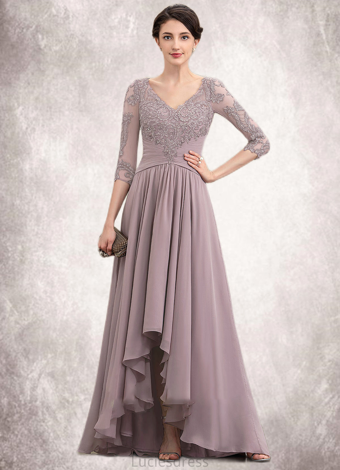 Kelsey A-Line V-neck Asymmetrical Chiffon Lace Mother of the Bride Dress With Sequins HF126P0014728