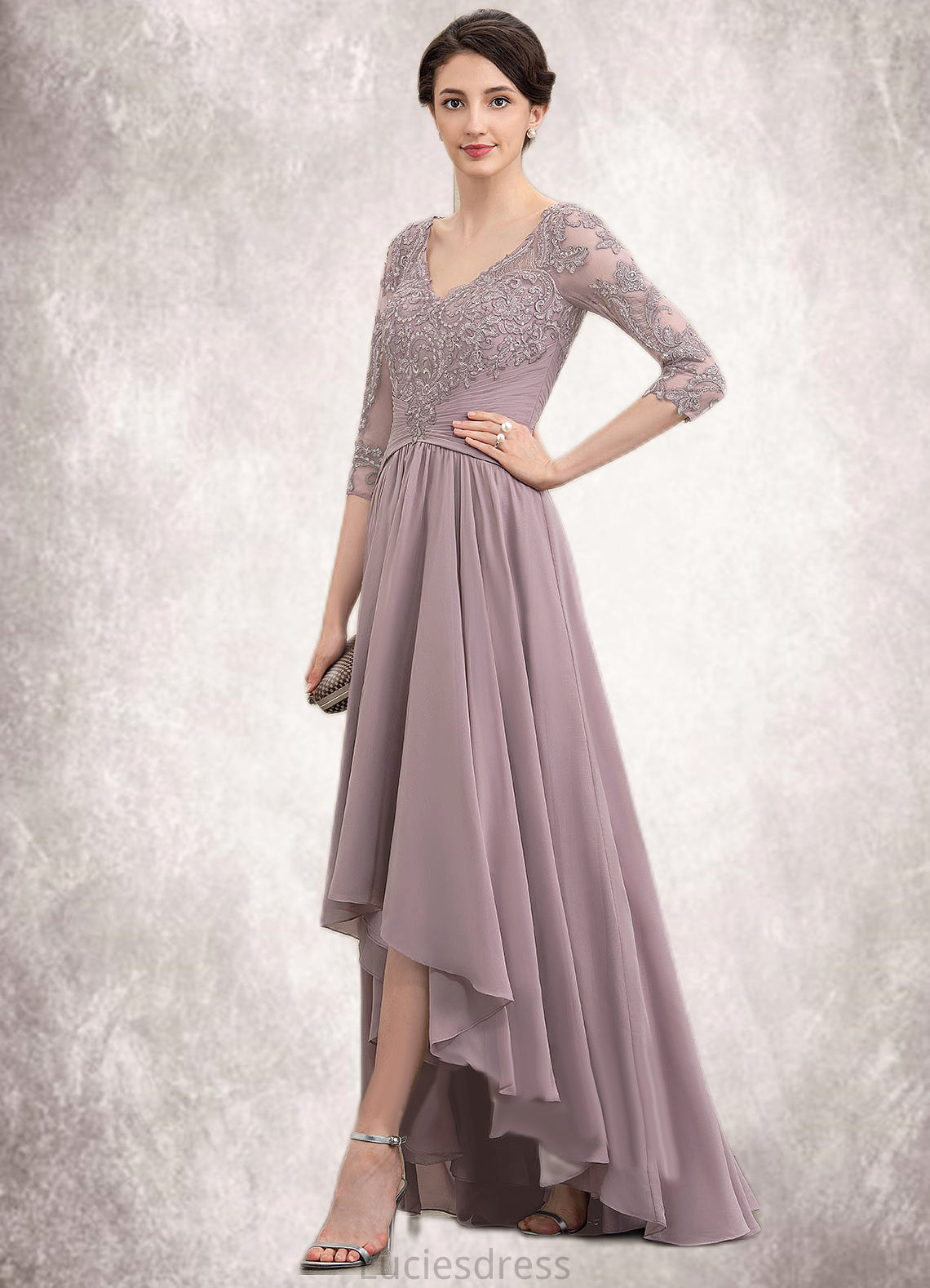 Kelsey A-Line V-neck Asymmetrical Chiffon Lace Mother of the Bride Dress With Sequins HF126P0014728