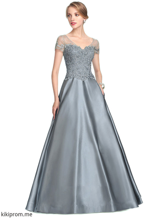 Serenity A-Line V-neck Floor-Length Satin Lace Mother of the Bride Dress With Beading Sequins STF126P0014730