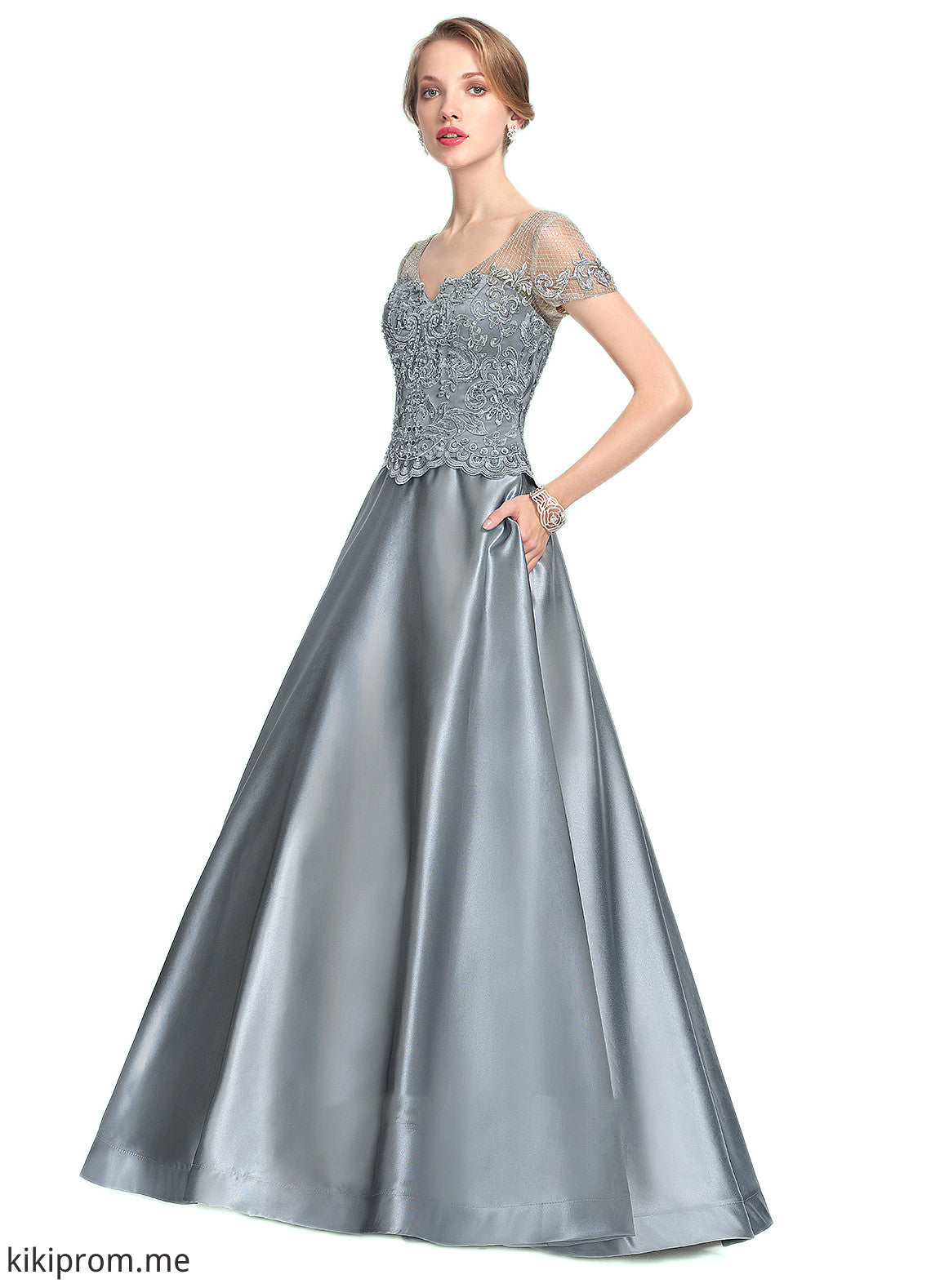 Serenity A-Line V-neck Floor-Length Satin Lace Mother of the Bride Dress With Beading Sequins STF126P0014730