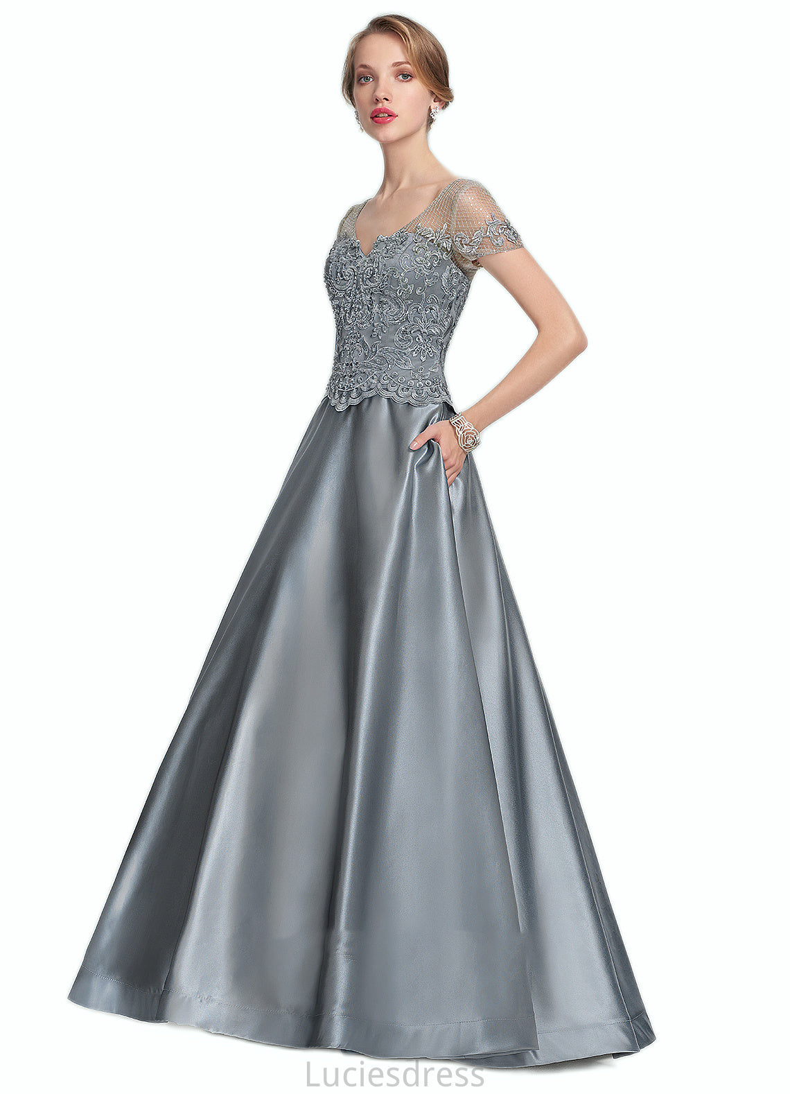 Aurora A-Line V-neck Floor-Length Satin Lace Mother of the Bride Dress With Beading Sequins HF126P0014730